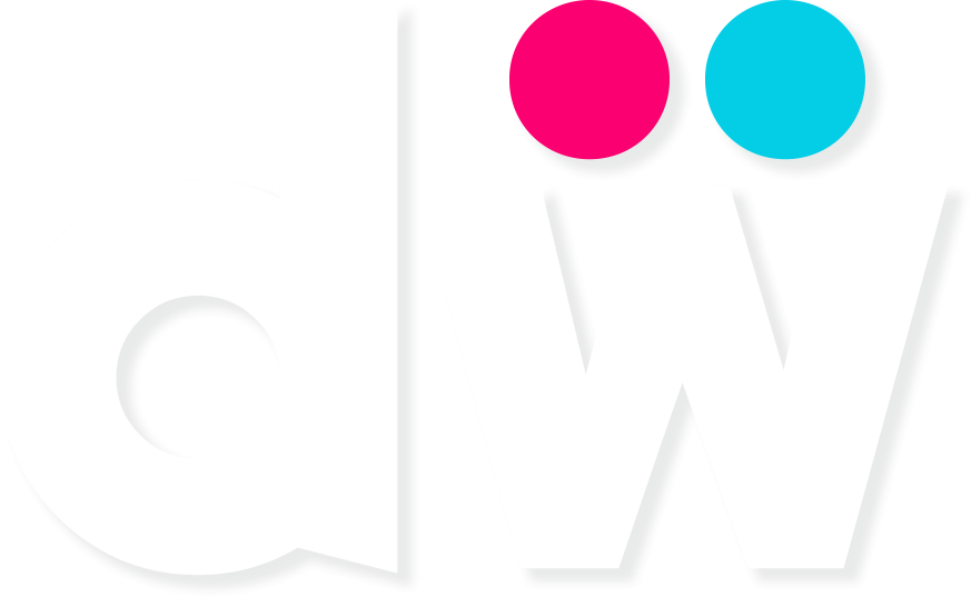 Segno dw di DigitalWork con i due punti magenta e ciano, in bianco