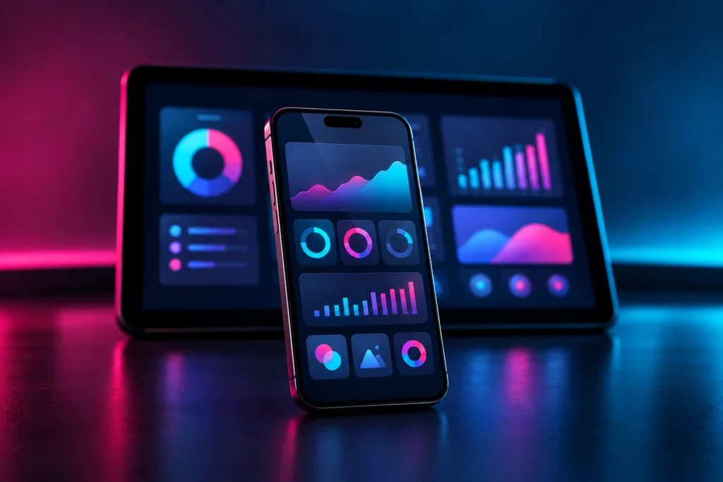Smartphone in primo piano con l'interfaccia di un'app a grafici e, dietro, un tablet con una dashboard