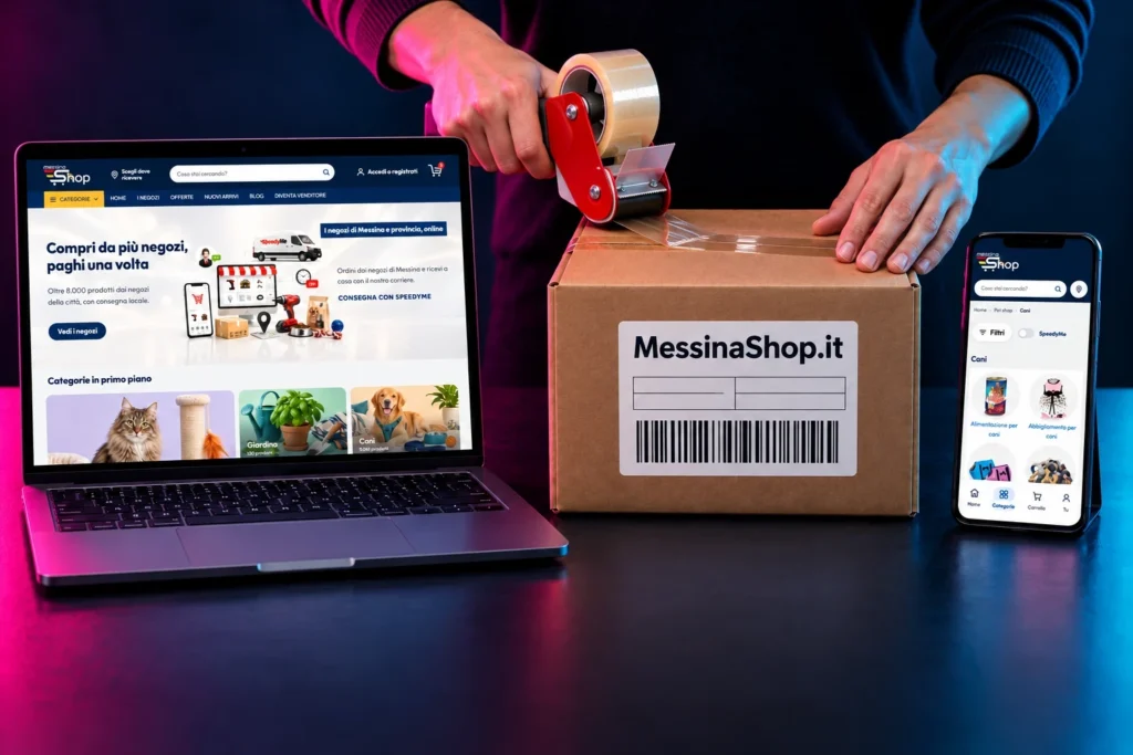Mani che chiudono con il nastro un pacco MessinaShop.it, accanto a un portatile e a uno smartphone con il negozio online