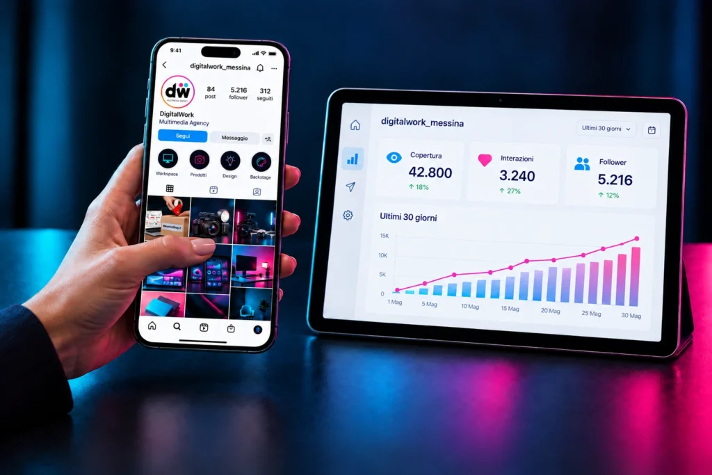 Una mano tiene uno smartphone con un profilo Instagram, accanto a un tablet che mostra le statistiche di crescita