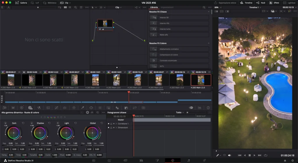 Il montaggio di un reel in DaVinci Resolve, con l'anteprima di una veduta aerea di un giardino con piscina di sera
