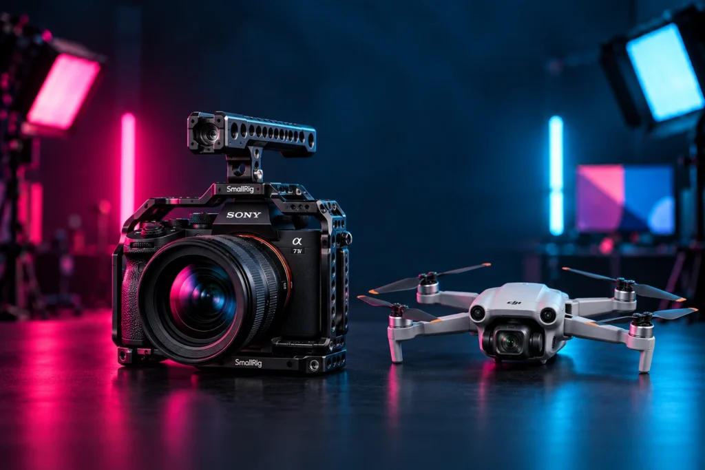 Fotocamera da ripresa con gabbia e maniglia accanto a un drone, su un tavolo scuro con luci magenta e blu
