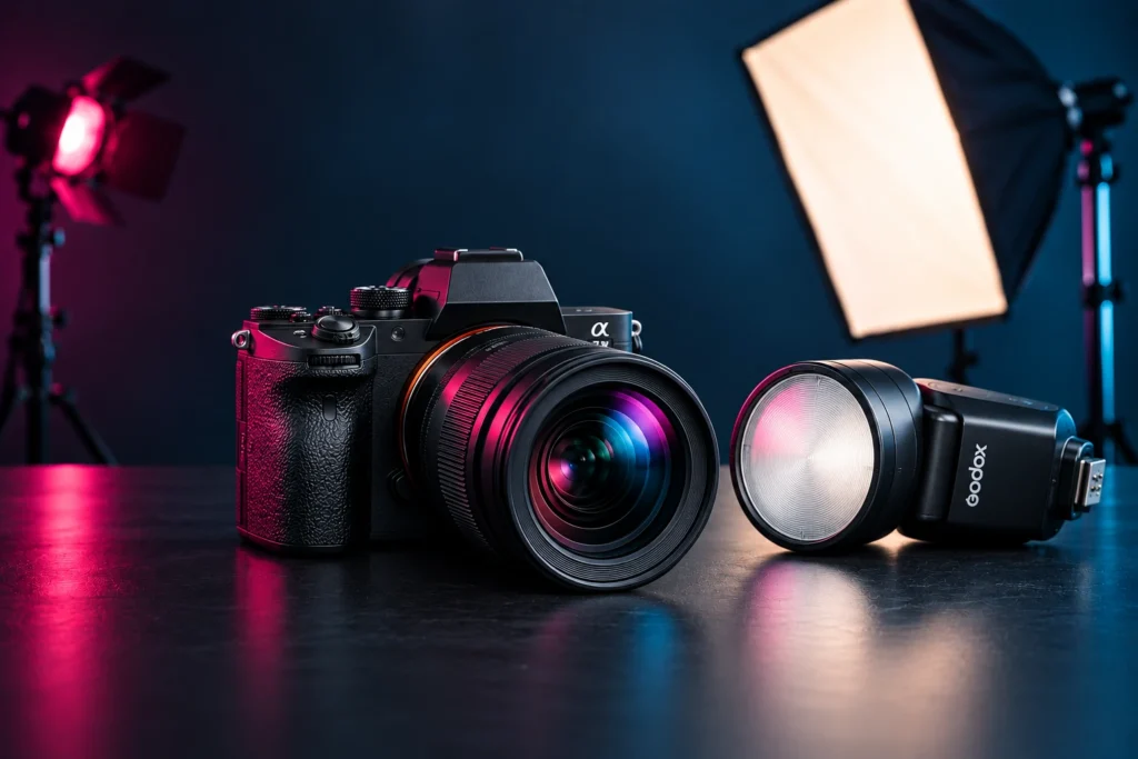 Fotocamera con obiettivo grande e flash su un tavolo scuro, con softbox e luce magenta sullo sfondo