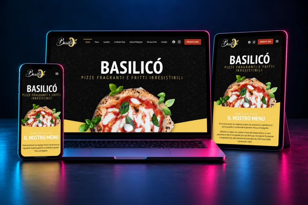 Il sito di una pizzeria su portatile, tablet e smartphone, con una pizza margherita su fondo nero e giallo